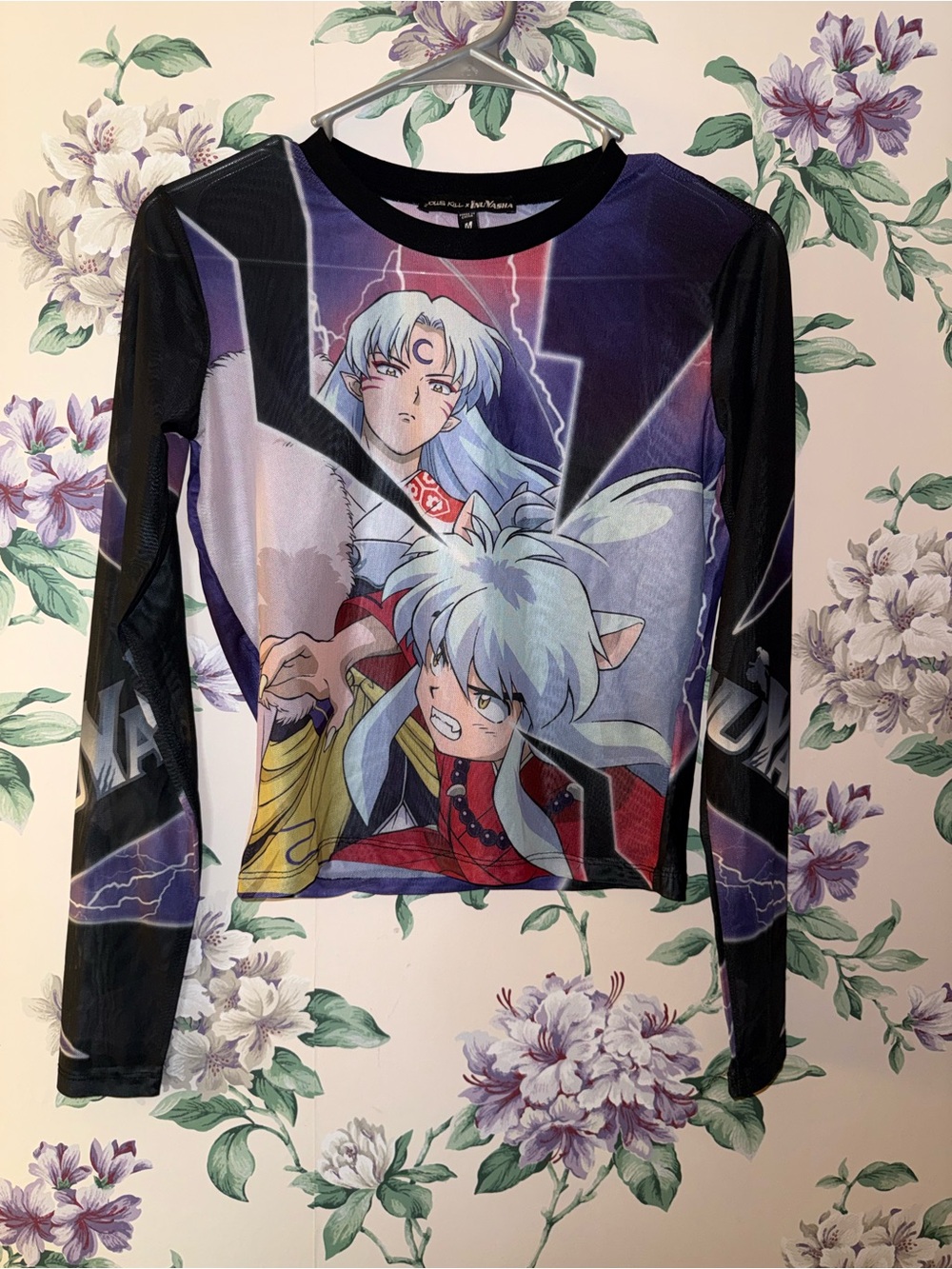 Dolls Kill Purple and Black Anime Long-Sleeve Crop Top